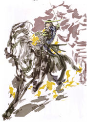 Rule 34 | 00s, 1boy, absurdres, armor, date masamune (sengoku basara), eyepatch, helmet, highres, horse, male focus, samurai, sengoku basara, solo, sword, tsuchibayashi makoto, weapon