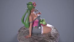 Rule 34 | 1girl, 3d, animated, ass, bare arms, bare shoulders, bottomless, bounsweet, breasts, cleavage, collarbone, creatures (company), curvy, eyelashes, flower, game freak, gen 7 pokemon, green eyes, green hair, grey background, grey overalls, hair flower, hair ornament, large breasts, long hair, looking at viewer, mallow (pokemon), nintendo, overalls, pokemon, pokemon (anime), pokemon (creature), pokemon sm (anime), shoes, sideboob, sitting, smile, sneakers, solo, swept bangs, tagme, thick thighs, thighs, twintails, usukeninja, video, wide hips