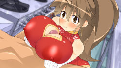 Rule 34 | 1girl, ahoge, bare shoulders, blush, breasts, breasts squeezed together, brown eyes, brown hair, censored, china dress, chinese clothes, cleavage, cleavage cutout, closed mouth, clothed female nude male, clothing cutout, covered erect nipples, dress, elbow gloves, from above, gloves, high ponytail, highres, huge breasts, indoors, long hair, looking at another, lying, makarou, matching hair/eyes, mosaic censoring, nude, paizuri, penis, ponytail, puffy areolae, smile, solo focus, taneshima popura, working!!
