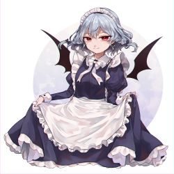 Rule 34 | 1girl, absurdres, alternate costume, apron, bat wings, blue dress, blue hair, closed mouth, dress, enmaided, frilled dress, frilled shirt collar, frills, highres, juliet sleeves, katai (nekoneko0720), light blue hair, long sleeves, looking at viewer, maid, maid apron, maid headdress, neck ribbon, puffy sleeves, red eyes, remilia scarlet, ribbon, short hair, skirt hold, slit pupils, smile, solo, touhou, waist apron, white ribbon, wings