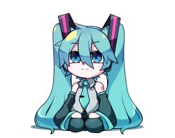 Rule 34 | 1girl, absurdres, arm tattoo, black footwear, black skirt, black sleeves, blue eyes, blue hair, blue necktie, boots, chibi, closed mouth, collared shirt, commentary request, detached sleeves, expressionless, full body, grey shirt, hair between eyes, hair ornament, hands on own knees, hatsune miku, highres, long bangs, long hair, looking at viewer, necktie, number tattoo, seiza, shirt, simple background, sitting, skirt, sleeveless, sleeveless shirt, solo, tattoo, thigh boots, tie clip, transparent background, twintails, uziki ntoki, very long hair, vocaloid