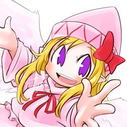 Rule 34 | 1girl, profile picture, blonde hair, bow, chamaji, close-up, dress, feathered wings, feathers, hat, hat bow, lily white, long hair, long sleeves, looking at viewer, lowres, neck ribbon, open mouth, outstretched arms, pink dress, pointy ears, purple eyes, ribbon, round teeth, signature, simple background, smile, solo, spread arms, teeth, touhou, upper body, white background, wide sleeves, wings