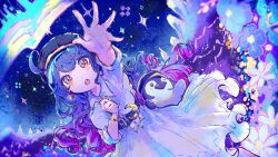 Rule 34 | 1girl, :o, arm up, aurora, beret, bird, black hat, blue background, blue dress, blue flower, blue hair, breasts, brown eyes, commentary request, cowboy shot, crescent, dress, dutch angle, earrings, flower, hand up, hat, highres, indie virtual youtuber, jewelry, kiato, large breasts, long hair, long sleeves, looking at viewer, night, night sky, open mouth, outstretched arm, penguin, purple hair, reaching, reaching towards viewer, sky, solo, sparkle, standing, very long hair, virtual youtuber, yorudo kimayu