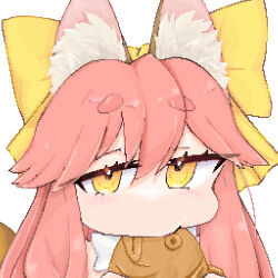 Rule 34 | 1girl, animal ear fluff, animal ears, blush, bow, eating, fate/samurai remnant, fate (series), food, food in mouth, fox ears, fox girl, fox tail, hair bow, highres, holding, holding food, looking at viewer, ohirunesuki33, pink hair, pixel art, short eyebrows, tail, taiyaki, tamamo (fate), tamamo aria (fate), thick eyebrows, wagashi, white background, white bow, yellow bow, yellow eyes