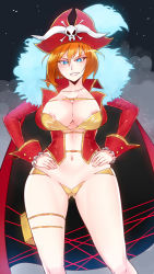 Rule 34 | 10s, 1girl, absurdres, areola slip, black background, blue eyes, breasts, cameltoe, cape, center opening, cleavage, collarbone, covered erect nipples, frills, fur trim, grin, groin, hair between eyes, hands on own hips, hat, high collar, highres, hip focus, horns, huge breasts, kairos+, lalaco godspeed, legs apart, life fiber, long sleeves, looking at viewer, maebari, mature female, navel, nipple slip, nipples, orange hair, pirate, pirate hat, pouch, revealing clothes, see-through, short hair, simple background, skull and crossbones, sleeve cuffs, smile, smoke, solo, space, standing, thigh pouch, thigh strap, thighs, uchuu patrol luluco, wide hips