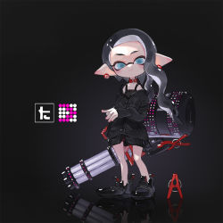 Rule 34 | 1girl, aka tonbo (lovetow), animal collar, aqua eyes, black background, black footwear, black hair, black jacket, black shirt, closed mouth, clothes pin, collar, commentary, earrings, heavy splatling (splatoon), holding, holding weapon, inkling, inkling girl, inkling player character, jacket, jewelry, logo, long hair, long sleeves, looking at viewer, nintendo, no legwear, off shoulder, pointy ears, red collar, reflection, shiny clothes, shirt, shoes, simple background, smile, solo, splatoon (series), splatoon 2, standing, tank top, tentacle hair, weapon