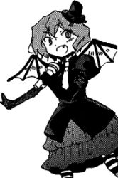 Rule 34 | 1girl, aki eda, alternate costume, bat wings, dress, elbow gloves, fang, female focus, gloves, green theme, hat, lowres, monochrome, remilia scarlet, short hair, solo, striped clothes, striped thighhighs, thighhighs, touhou, transparent background, vampire, wings