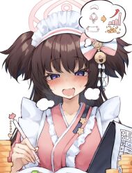 Rule 34 | 1girl, arrow (symbol), bell, blue archive, blush, brown hair, clipboard, coin, fang, hair bell, hair ornament, halo, highres, holding, holding pen, imagining, inre kemomimi, japanese clothes, jingle bell, kimono, long hair, maid headdress, open mouth, pen, pink halo, pink kimono, purple eyes, shizuko (blue archive), simple background, skin fang, solo, thought bubble, two side up, upper body, white background