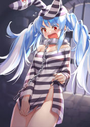 Rule 34 | 1girl, blue hair, blush, braid, breasts, collar, collarbone, covering crotch, covering privates, cowboy shot, dress, flying sweatdrops, groin, highres, hololive, long sleeves, looking down, medium breasts, multicolored hair, no panties, nose blush, off-shoulder dress, off shoulder, official alternate costume, onigiri-kun (demmy), open mouth, prison cell, prison clothes, red eyes, solo, striped clothes, striped dress, striped headwear, thick eyebrows, thighs, torn clothes, torn dress, twin braids, two-tone hair, usada pekora, usada pekora (prisoner), v-shaped eyebrows, virtual youtuber, white hair, window