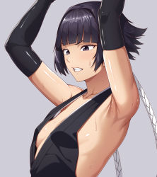 Rule 34 | 1girl, ao banana, armpits, arms up, black eyes, black gloves, black hair, black kimono, bleach, blunt bangs, breasts, clenched teeth, collarbone, commentary, elbow gloves, from side, gloves, grey background, hair intakes, highres, japanese clothes, kimono, scowl, short hair with long locks, sideboob, sideless outfit, simple background, sleeveless, sleeveless kimono, small breasts, solo, sui-feng, sweat, teeth, twintails, upper body, v-shaped eyebrows