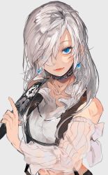 Rule 34 | 1girl, bad id, bad twitter id, bare shoulders, blue eyes, chikage (chi g0), collarbone, commentary, dagger, detached sleeves, earrings, grey background, grey hair, hair over one eye, highres, holding, holding weapon, jewelry, knife, looking at viewer, necklace, original, parted lips, see-through, simple background, solo, standing, swept bangs, upper body, weapon