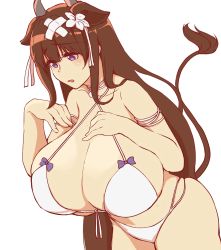Rule 34 | 1girl, animal ears, azur lane, bare shoulders, bikini, blush, breasts, brown hair, cleavage, cow ears, cow girl, cow horns, cow tail, flower, hair flower, hair ornament, highres, horns, huge breasts, kashino (azur lane), kashino (hot springs relaxation) (azur lane), leaning forward, long hair, nasakene, official alternate costume, open mouth, purple eyes, simple background, solo, swimsuit, tail, white background, white bikini, white flower