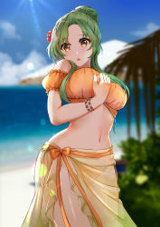 Rule 34 | 1girl, absurdres, bare shoulders, bead bracelet, beads, bikini, blue sky, blurry, blurry background, bracelet, breasts, brown eyes, cloud, commentary request, cowboy shot, day, elincia ridell crimea, fire emblem, fire emblem: radiant dawn, fire emblem heroes, flower, green hair, hair bun, hair flower, hair ornament, highres, jewelry, large breasts, long hair, looking at viewer, navel, nintendo, ocean, off-shoulder bikini, off shoulder, official alternate costume, orange bikini, outdoors, parted lips, partial commentary, puffy short sleeves, puffy sleeves, red flower, sarong, short sleeves, sky, solo, standing, stomach, swimsuit, tara (szzj7733), thighs, water