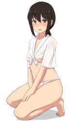 Rule 34 | 10s, 1girl, :d, barefoot, between legs, black hair, blush, breasts, brown eyes, brown hair, crop top, feet, from side, front-tie top, fubuki (kancolle), full body, fundoshi, grey eyes, hair between eyes, hand between legs, hand on own thigh, japanese clothes, kantai collection, kneeling, looking at viewer, low ponytail, midriff, mizu happi, navel, no bra, no pants, open mouth, ponytail, see-through, shadow, shirt, short hair, short sleeves, sidelocks, simple background, small breasts, smile, solo, taji (crowview), white background, wide sleeves