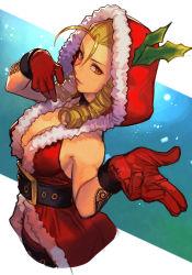 Rule 34 | 1girl, belt, blonde hair, breasts, capcom, choker, christmas, coat, fur-trimmed coat, fur trim, gloves, holly, hood, hooded coat, hungry clicker, kanzuki karin, looking at viewer, official alternate costume, red gloves, ringlets, santa costume, sleeveless, sleeveless coat, solo, street fighter, thighhighs