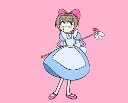 Rule 34 | 1girl, animated, animated gif, anna rettberg, apron, arms behind back, blue dress, blush stickers, bow, brown hair, cardcaptor sakura, commentary, dress, english commentary, full body, fuuin no tsue, green eyes, hair bow, holding, holding wand, kinomoto sakura, mary janes, pink background, pink bow, pink footwear, shoes, short hair, simple background, solo, standing, wand, white apron