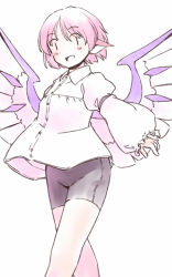 Rule 34 | 1girl, animal ears, bike shorts, bird ears, bird wings, black shorts, blush, buttons, collared shirt, feet out of frame, frilled sleeves, frills, long sleeves, mystia lorelei, open mouth, pink hair, rangycrow, shirt, short hair, shorts, simple background, smile, solo, touhou, white background, white shirt, wings