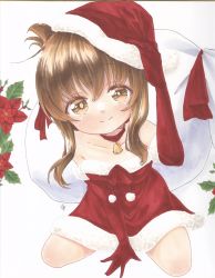 Rule 34 | 1girl, bell, brown hair, choker, christmas, commentary request, dress, elbow gloves, folded ponytail, fur-trimmed dress, fur-trimmed gloves, fur-trimmed headwear, fur trim, gloves, hand on headwear, hat, highres, inazuma (kancolle), kantai collection, long hair, looking at viewer, marker (medium), red choker, red dress, red gloves, red hat, sack, santa costume, santa dress, santa hat, smile, solo, strapless, strapless dress, traditional media, yuuki chima
