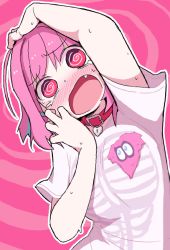 Rule 34 | 1girl, @ @, aqua hair, arm up, blush, breasts, collar, commentary request, dokan (dkn), fang, hand on own head, idolmaster, idolmaster cinderella girls, looking at viewer, multicolored hair, nose blush, open mouth, pink eyes, pink hair, red collar, shirt, short hair, short sleeves, solo, sweat, t-shirt, tears, upper body, yumemi riamu
