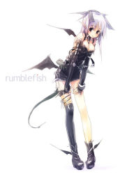 Rule 34 | bat wings, boots, pointy ears, tail, thighhighs, white hair, wings