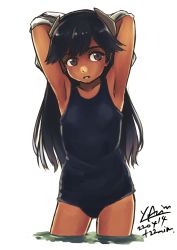Rule 34 | 1girl, arimura yuu, armpits, arms up, black eyes, black hair, black one-piece swimsuit, dark-skinned female, dark skin, dated, female focus, flat chest, highres, i-400 (kancolle), kantai collection, long hair, one-piece swimsuit, parted lips, signature, simple background, solo, swimsuit, wading, water, white background