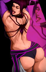 Rule 34 | 1girl, arm up, artist name, ass, ass cutout, back, bare shoulders, belt, black belt, chaps, clothing cutout, commentary, cone hair bun, ear piercing, hair bun, hair horns, han juri, highres, looking at viewer, looking back, one eye closed, open mouth, piercing, purple hair, red eyes, revealing clothes, short hair, solo, street fighter, tongue piercing, wtparadise