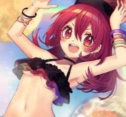 Rule 34 | 1girl, :d, armpits, arms up, bangle, bare arms, bare shoulders, bikini, black bikini, black choker, blue sky, blush, bracelet, breasts, choker, collarbone, commentary request, ear piercing, earrings, earth (planet), hair between eyes, hecatia lapislazuli, highres, jewelry, kyouda suzuka, long hair, looking at viewer, moon, navel, open mouth, outdoors, piercing, planet, rainbow, red eyes, red hair, sky, small breasts, smile, solo, stomach, swimsuit, touhou, underboob, upper body, v-shaped eyebrows