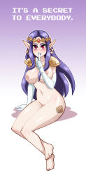 Rule 34 | 1girl, ass, blush, breasts, elbow gloves, english text, finger to mouth, gloves, long hair, looking at viewer, navel, nintendo, nipples, nopeavi, nude, pointy ears, princess hilda, purple hair, red eyes, shoulder pads, sitting, solo, stomach, tattoo, text focus, the legend of zelda, the legend of zelda: a link between worlds, tiara, white gloves