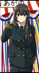 Rule 34 | 1girl, agano (kancolle), black hair, black necktie, blue eyes, coat, collared shirt, hair over shoulder, highres, kantai collection, long hair, military, military uniform, multicolored background, naval uniform, necktie, salute, seitei (04seitei), serious, shirt, skirt, solo, standing, uniform