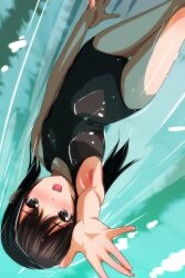 Rule 34 | 1girl, black hair, black one-piece swimsuit, black school swimsuit, blush, breasts, brown eyes, collarbone, highres, long hair, looking at viewer, matsunaga kouyou, one-piece swimsuit, open mouth, outstretched arm, partially submerged, reaching, reaching towards viewer, school swimsuit, school uniform, small breasts, smile, swimming, swimsuit, teeth, upside-down, water, wet