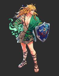 Rule 34 | 1boy, archaic set (zelda), arm armor, arm tattoo, bare legs, blonde hair, blue eyes, chest tattoo, closed mouth, cross-laced sandals, dark background, full body, green tunic, holding, holding shield, hylian shield, link, long hair, magic, male focus, nintendo, open clothes, pointy ears, shield, solthrys, sword, sword behind back, tattoo, the legend of zelda, weapon, white tunic
