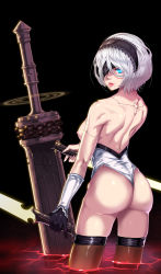 Rule 34 | 1girl, android, arm at side, ass, black gloves, black hairband, blindfold, blindfold lift, blood, blue eyes, breasts, broadsword, brown thighhighs, chain, choudan, commentary request, cowboy shot, dual wielding, eyelashes, fingernails, from behind, gloves, greatsword, hair between eyes, hairband, hand up, highleg, highleg leotard, highres, holding, holding sword, holding weapon, huge weapon, joints, lace-trimmed hairband, lace trim, legs apart, leotard, lipstick, long fingernails, makeup, medium breasts, mole, mole under mouth, nier (series), nier:automata, nipples, nose, one eye covered, parted lips, pink lips, planted, planted sword, planted weapon, pool of blood, robot joints, short hair, shoulder blades, silver hair, single glove, solo, standing, sword, thighhighs, thong leotard, topless, turtleneck, vambraces, weapon, white leotard, 2b (nier:automata)