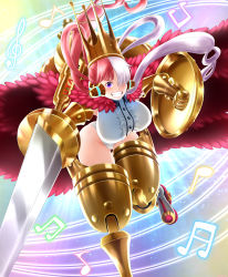 Rule 34 | 1girl, absurdres, blue background, boots, breasts, cape, crown, gauntlets, gradient background, green background, grin, hair over one eye, headphones, highleg, highleg leotard, highres, holding, holding weapon, large breasts, leotard, long hair, looking at viewer, mechanical legs, mee don, multicolored hair, one piece, one piece film: red, polearm, purple background, purple eyes, red hair, shield, smile, solo, standing, standing on one leg, sword, thigh boots, twintails, two-tone hair, uta (one piece), weapon, white hair, white leotard, wide hips