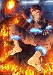 Rule 34 | 1boy, arm behind head, barefoot, black hair, bruise, bruise on face, en&#039;en no shouboutai, fire, full body, glowing, hand on own thigh, highres, injury, male focus, red eyes, sharp teeth, shinra kusakabe, solo, sweatdrop, teeth, torn clothes, zxanzai