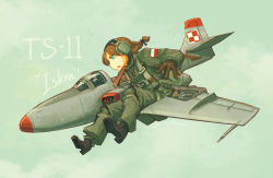 Rule 34 | 1girl, aircraft, airplane, asterisk kome, braid, fighter jet, flying, green hair, jet, long hair, military, military uniform, military vehicle, poland, polish air force checkerboard, polish flag, solo, ts-11 iskra, uniform, wings