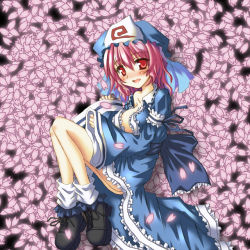 Rule 34 | 1girl, blush, breasts, cleavage, female focus, hat, japanese clothes, large breasts, open clothes, open mouth, pink hair, red eyes, ribbon, saigyouji yuyuko, short hair, solo, touhou, triangular headpiece, yuuji (itadon)
