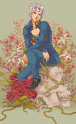Rule 34 | 1boy, bad id, bad pixiv id, blue eyes, crossed arms, expressionless, flower, full body, giorno giovanna, jojo no kimyou na bouken, knee up, lily (flower), long sleeves, looking to the side, male focus, pants, red flower, red rose, rose, silver hair, sitting, skull, solo, tooru fuyuse, vento aureo