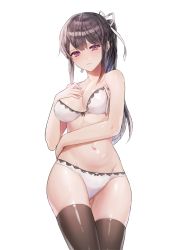Rule 34 | 1girl, bare shoulders, black hair, black thighhighs, blush, bow, bow bra, bra, breasts, closed mouth, embarrassed, groin, hair ribbon, highres, kim eb, long hair, looking at viewer, navel, original, panties, pink eyes, ponytail, ribbon, simple background, solo, standing, thighhighs, underwear, underwear only, untied, wavy mouth, white background, white bra, white panties, white ribbon
