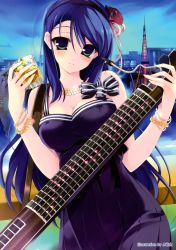 Rule 34 | 1girl, absurdres, bare shoulders, blue hair, bracelet, breasts, cleavage, dress, drink, eigenharp (instrument), female focus, flower, glass, green eyes, hair flower, hair ornament, hairband, highres, jewelry, large breasts, long hair, looking at viewer, necklace, original, outdoors, ribbon, sky, smile, solo, youta