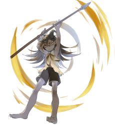 Rule 34 | 1boy, androgynous, armpits, arms up, barefoot, brown hair, feet, horns, long hair, male focus, original, polearm, shorts, sleeveless, solo, spear, tensen (dotted line), toes, weapon, white background, yellow eyes