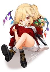 Rule 34 | 1girl, :p, alternate costume, artist name, black footwear, blonde hair, casual, commentary request, contemporary, crystal, fang, flandre scarlet, gotou (nekocat), grey socks, hair between eyes, highres, jacket, knees up, long hair, long sleeves, looking at viewer, miniskirt, nail polish, no headwear, one side up, pencil skirt, red eyes, red jacket, red nails, shadow, shoes, signature, simple background, sitting, skirt, smile, socks, solo, tongue, tongue out, touhou, white background, white skirt, wings