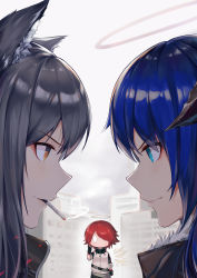 Rule 34 | 0 0, 3girls, absurdres, animal ear fluff, animal ears, arknights, black gloves, black hair, blue eyes, blue hair, blush stickers, brown eyes, building, chibi, chinese commentary, cigarette, city, commentary request, exusiai (arknights), eye contact, fingerless gloves, from side, gloves, halo, hand up, highres, horns, jacket, jiusan naitang, long hair, long sleeves, looking at another, mostima (arknights), mouth hold, multiple girls, profile, raglan sleeves, red hair, short hair, single horn, smile, smoke, smoking, texas (arknights), upper body, white jacket, wings, wolf ears