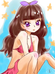 Rule 34 | 1girl, amanogawa kirara, bikini, bikini skirt, brown hair, go! princess precure, kasuga rurito, long hair, precure, purple eyes, swimsuit