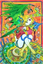 Rule 34 | 1other, animal ears, barefoot, blonde hair, braid, closed mouth, colored skin, colorful, dragon ears, dragon tail, dragon wings, fish, flying fish, green eyes, jacket, crossed legs, long hair, long sleeves, looking at viewer, one eye closed, original, red jacket, shima (wansyon144), single braid, sitting, solo, tail, talons, white skin, wings