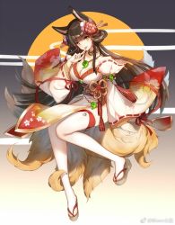 Rule 34 | 1girl, animal ears, bison cangshu, black hair, detached collar, detached sleeves, finger to mouth, flower, fox ears, fox tail, full body, hair flower, hair ornament, hair stick, half updo, head tilt, japanese clothes, jewelry, kitsune, kyuubi, long hair, looking at viewer, magatama, multiple tails, necklace, obi, open mouth, orb, pelvic curtain, ribbon-trimmed sleeves, ribbon trim, sandals, sash, side slit, smile, solo, tail, thighhighs, very long hair, watermark, white thighhighs, wide sleeves, yellow eyes, yin yang, yin yang orb