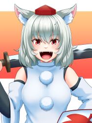 Rule 34 | 1girl, :d, animal ears, breasts, commentary, fangs, grey hair, hat, highres, holding, holding shield, holding sword, holding weapon, inubashiri momiji, large breasts, leaf print, looking at viewer, maple leaf print, open clothes, open mouth, red background, red eyes, red hat, shield, short hair, smile, solo, sword, tatsu toyoyo, teeth, tokin hat, touhou, two-tone background, upper body, upper teeth only, weapon, white background, wolf ears, wolf girl