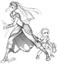 Rule 34 | 1boy, 1girl, age difference, aged down, alternate hairstyle, alternate universe, armor, bad id, bad tumblr id, blush stickers, commentary, greyscale, hand on hilt, lantern, link, long hair, monochrome, nintendo, pants, pants rolled up, pauldrons, princess zelda, robaato, role reversal, shield, shoulder armor, showgirl skirt, sketch, the legend of zelda, tunic, twintails