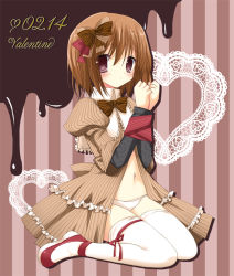 Rule 34 | 1girl, aono ribbon, bound, bow, brown hair, dress, hair bow, hair ribbon, looking at viewer, navel, original, panties, purple eyes, ribbon, shoes, short hair, sitting, solo, striped clothes, striped dress, thighhighs, tied up (nonsexual), underwear, valentine, vertical-striped clothes, vertical-striped dress, white panties, white thighhighs