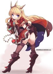 Rule 34 | 1girl, ass, black footwear, blonde hair, boots, brown thighhighs, cagliostro (granblue fantasy), clenched teeth, commentary request, copyright name, from behind, full body, granblue fantasy, granblue fantasy versus, highres, karukan (monjya), long hair, looking at viewer, looking back, no panties, purple eyes, red skirt, skirt, smile, solo, standing, teeth, thighhighs