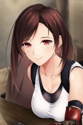 Rule 34 | 1girl, absurdres, breasts, brown hair, cleavage, crop top, earrings, elbow gloves, final fantasy, final fantasy vii, final fantasy vii remake, glint, gloves, highres, jewelry, long hair, looking at viewer, medium breasts, red eyes, shirt, sleeveless, smile, solo, sports bra, suspenders, table, tifa lockhart, upper body, white shirt, yumemo